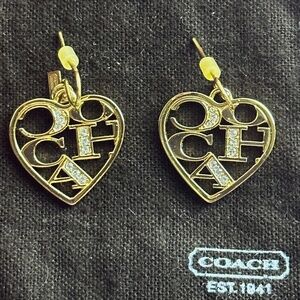 Coach Gold Tone Signature Heart Shaped Dangle Earrings With Crystal Accents
